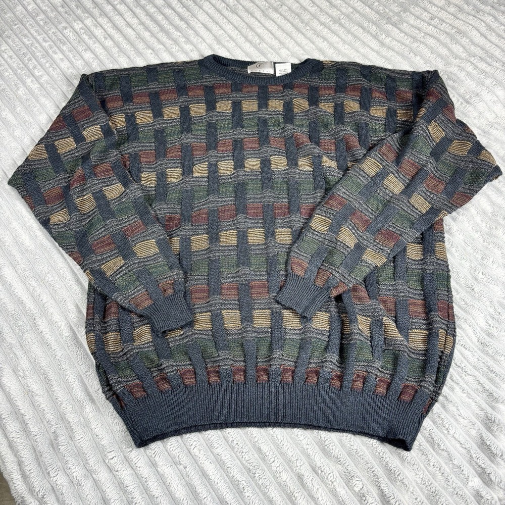 Farah‎ Mens VTG  90s Textured  Multicolored KnitSweater Pullover Crew Neck 2xL